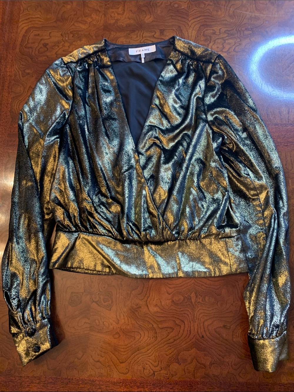 Frame Denim Metallic Gold/Black V Neck Wrap Blouse